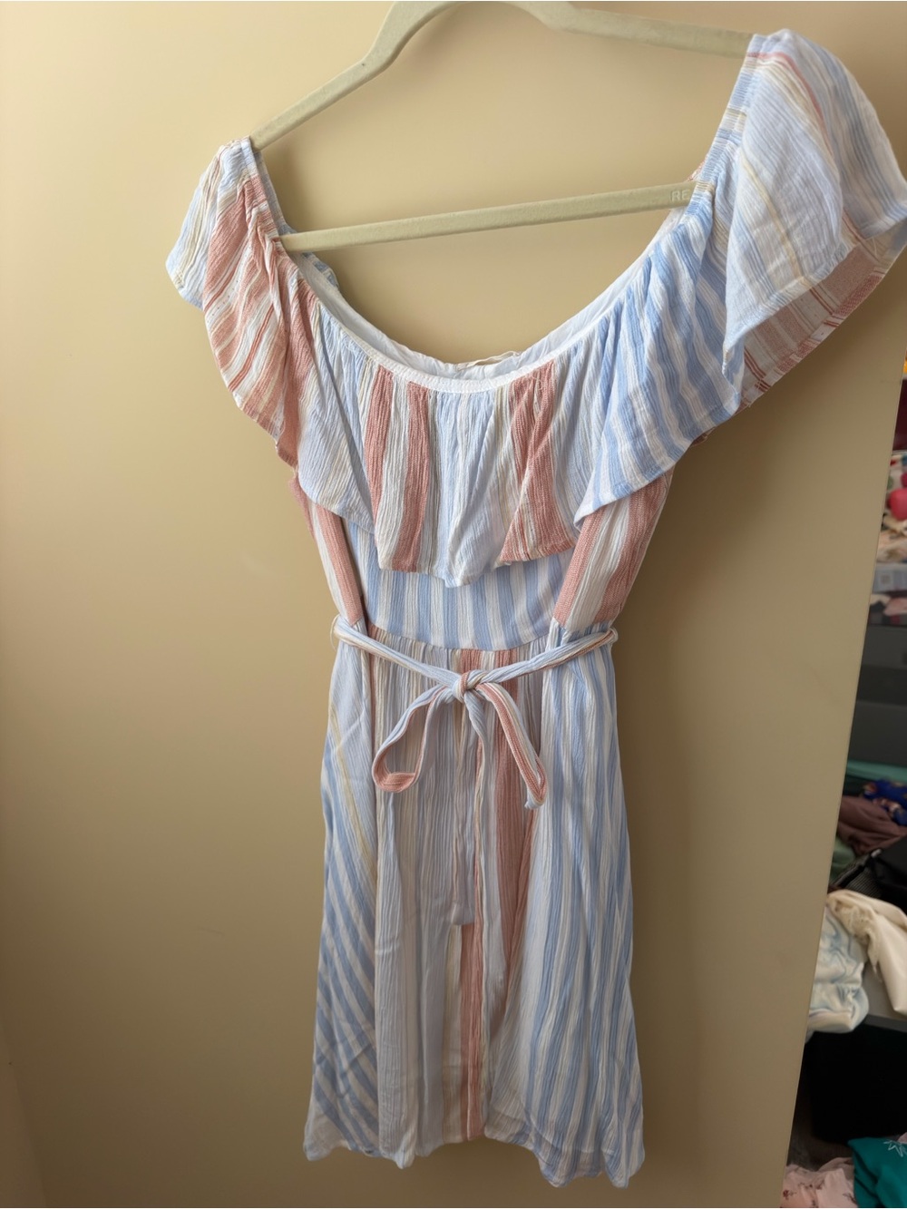 Altar'd State Striped Off-Shoulder Mini Dress in Blue and Peach